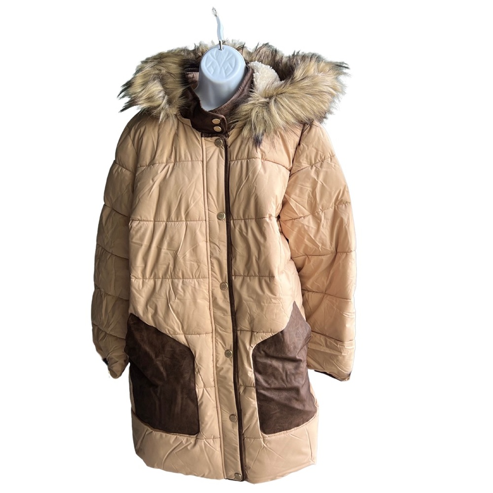 Dennis Basso Size XL Quilted Parka with Faux Fur Trim Hood CAMEL